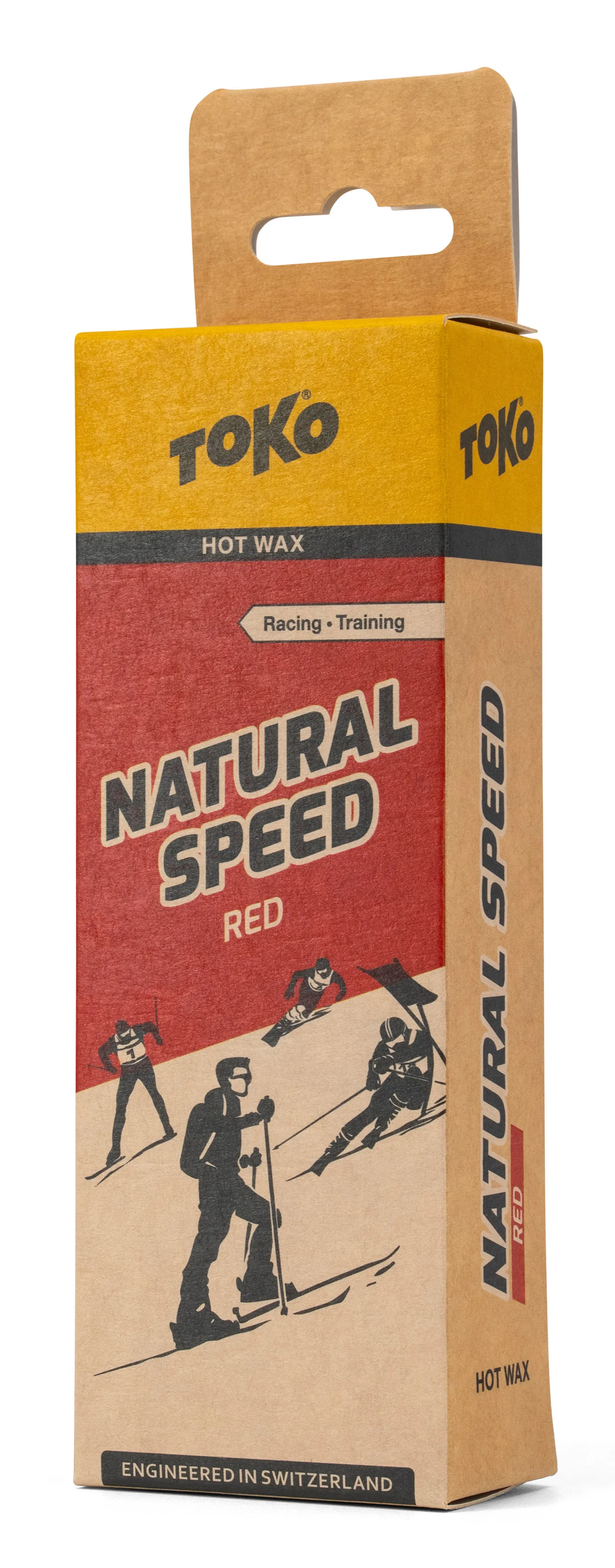 Verpackung des Toko Natural Speed Hot Wax red 120g, mit Skifahrer-Illustrationen.