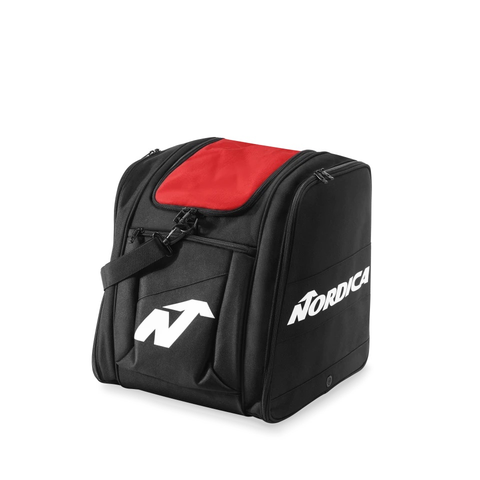 Black Nordica Boot Backpack with red lid, logo and carrying strap, suitable for ski boots and accessories.