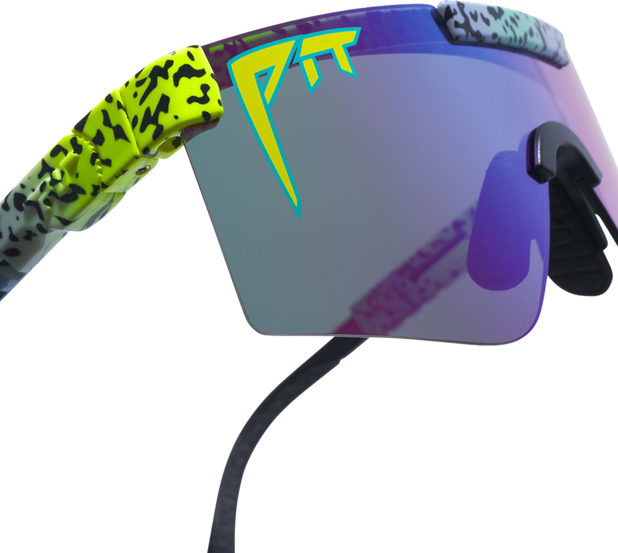 Nahaufnahme einer futuristisch anmutenden Sonnenbrille mit farbenfrohem Animal-Print.