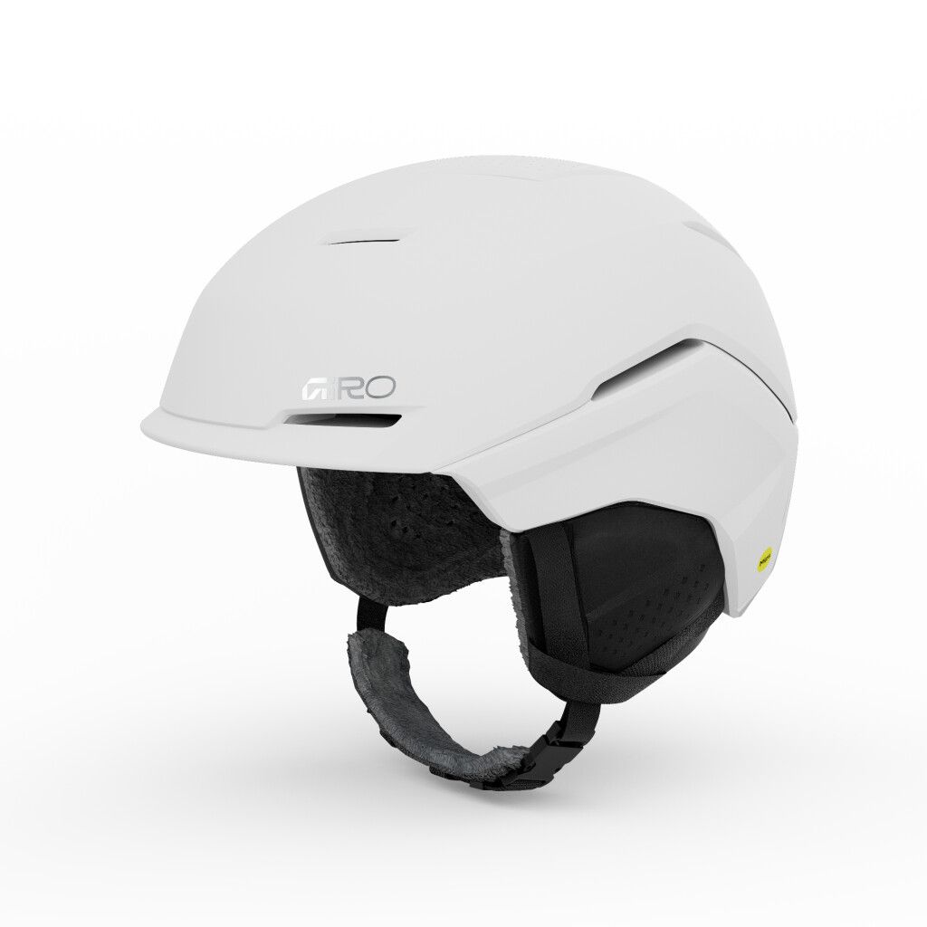 Casque de ski blanc avec protège-oreilles et le logo Giro sur une surface blanche plane.
