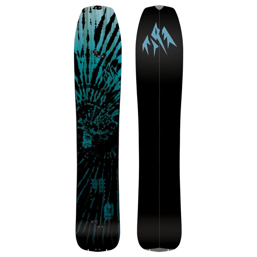 Geteiltes Jones Mind Expander Splitboard mit blau-schwarzem Muster auf einer Seite und schwarzer Oberseite mit blauem Logo auf der anderen.