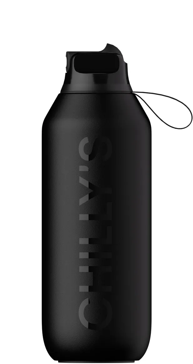 Black 500ml Series 2 Flip Bottle with "Chilly's" lettering and carrying strap.