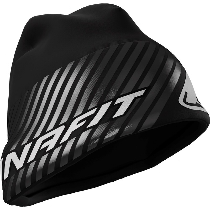 Black Dynafit beanie with reflective diagonal stripes and white Dynafit lettering.