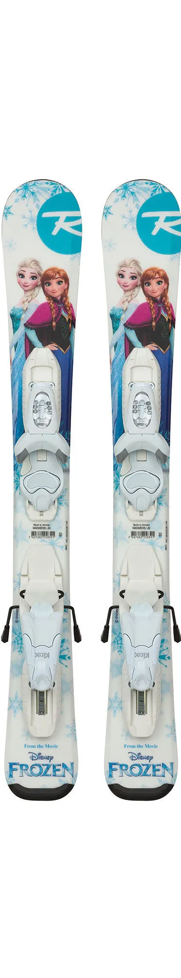 Zwei Rossignol Frozen Baby Ski mit Bindung, weiß-blau mit Elsa und Anna Motiv.