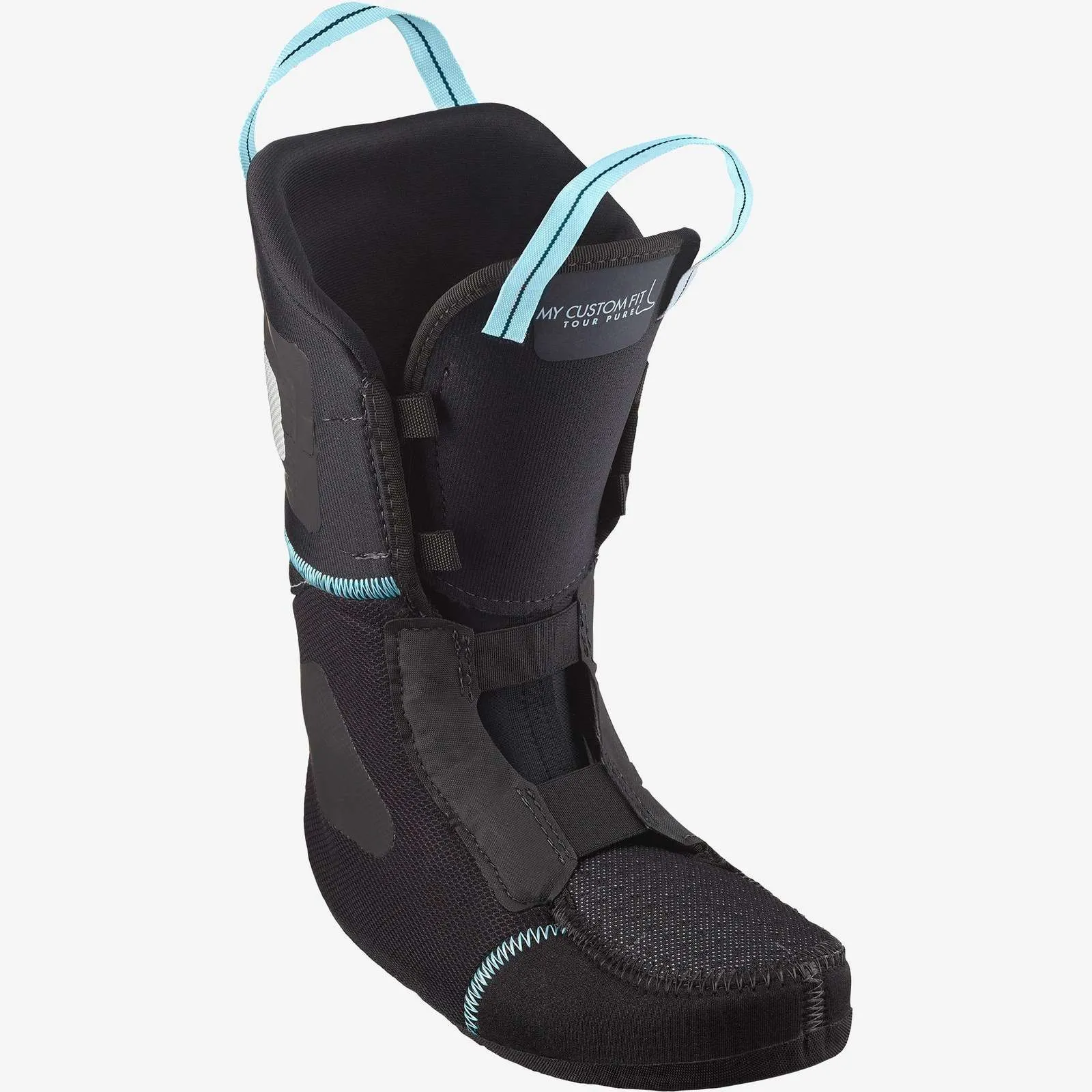 Interior view of a black Salomon MTN Summit Pure W ski touring boot with turquoise details.