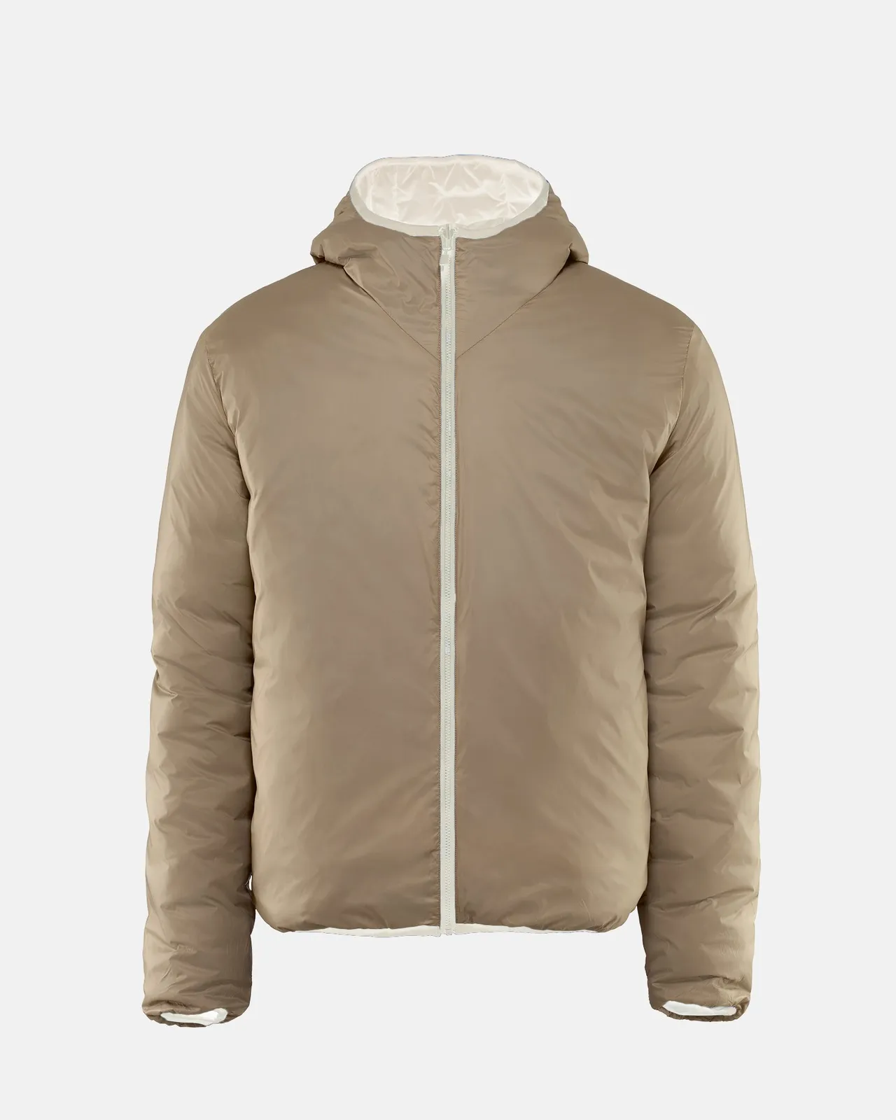 Sand-coloured, lightweight hooded jacket with a white zipper in the middle against a light background. The hood is also lined in a light color.