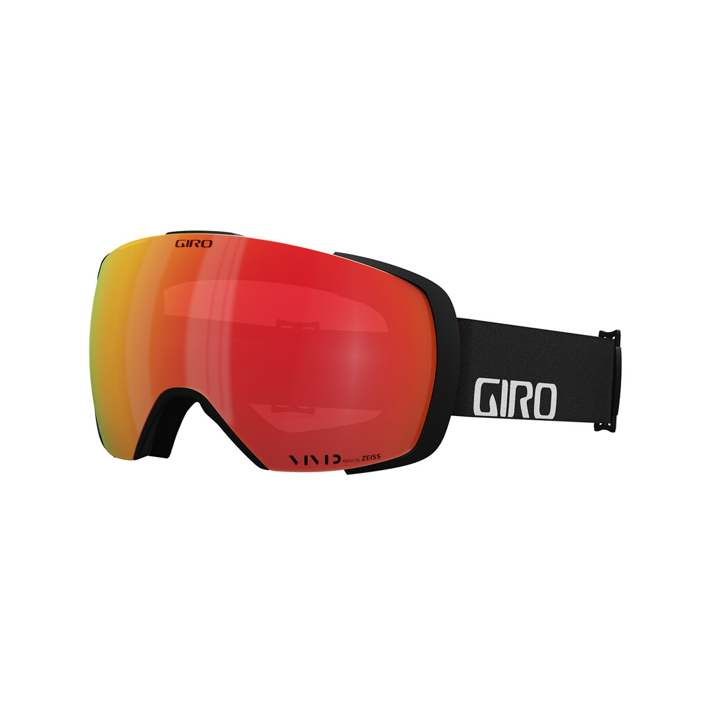 Schwarze Giro Vivid Goggle Schwarze Giro Contact Vivid Goggle mit roter Scheibe und Logo am Band.