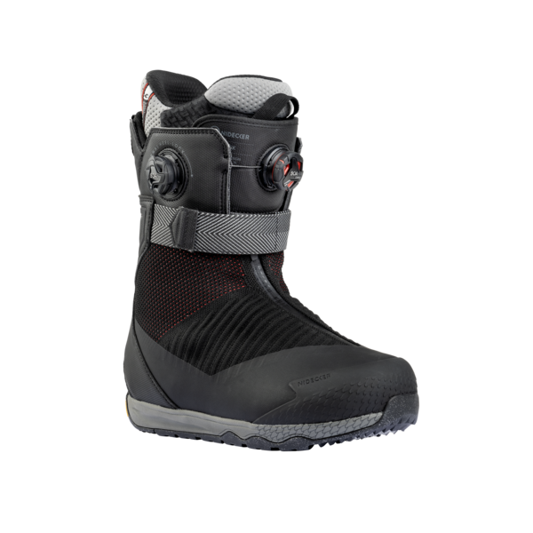 Schwarzer Nidecker Index Snowboard Boot mit BOA System und grauer Sohle im Profil.