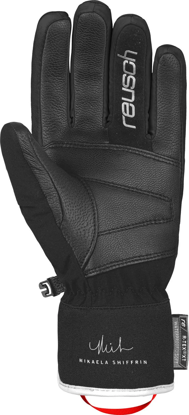 Detailansicht eines schwarzen Reusch Mikaela Shiffrin R-TEX Skihandschuhs mit Lederdetails und Mikaela Shiffrin Schriftzug.