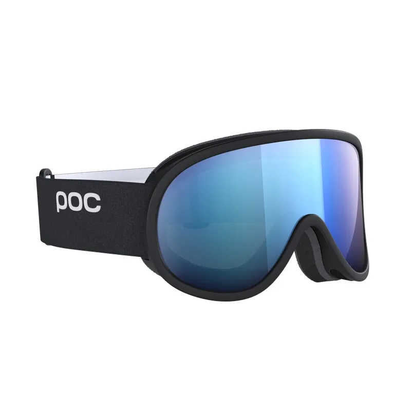 Black POC Retina Mid ski goggles with blue mirrored, cylindrical lens.