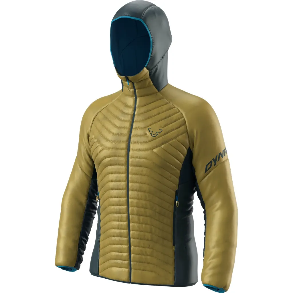 Men's Speed Insulation hooded jacket in an army look. The jacket has quilted chambers and a hood in gray with blue details.