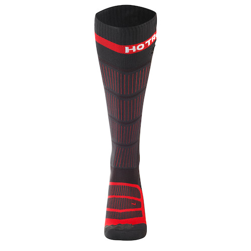 Schwarz-rote Heat Socks Surround Comfort EVO von Hotronic, Frontalansicht, mit Markenlogo.