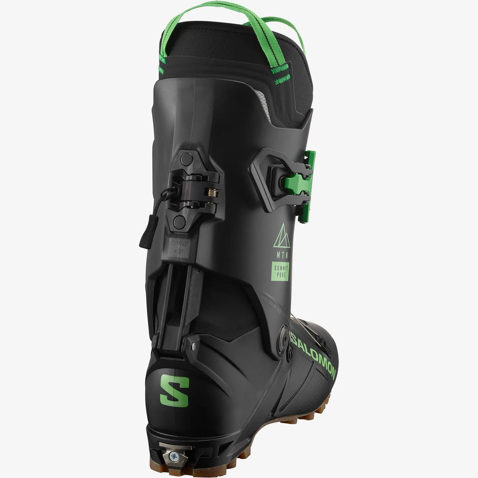 Black Salomon MTN Summit Pure touring ski boot from the back, with green accents and the Salomon logo.
