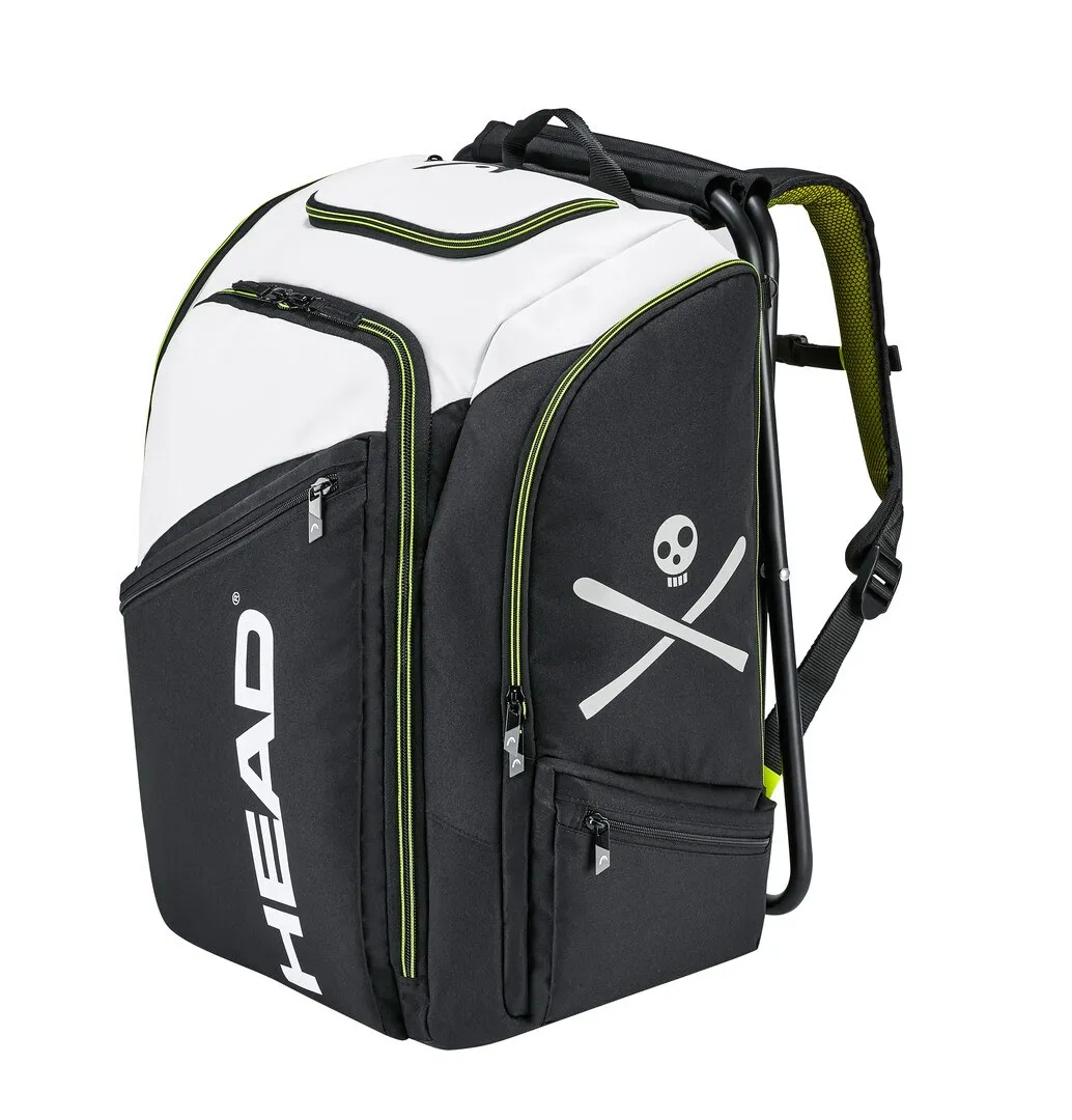 HEAD Rebels Coaches Backpack in Schwarz-Weiß mit Totenkopf-Logo und integriertem Stuhlgestell.