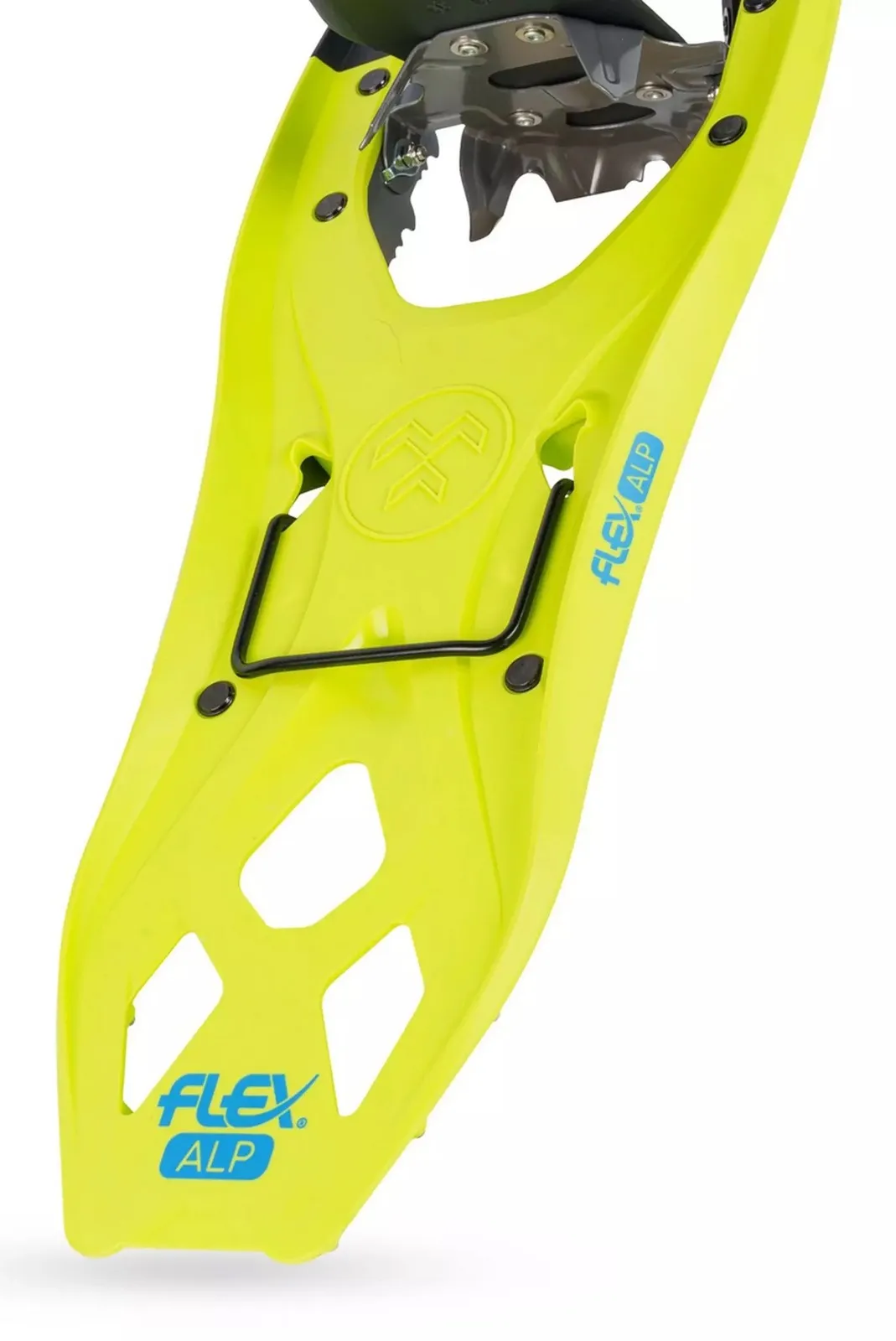 Close-up of a lime green Tubbs Flex Alp snowshoe, focus on binding and torsion deck.