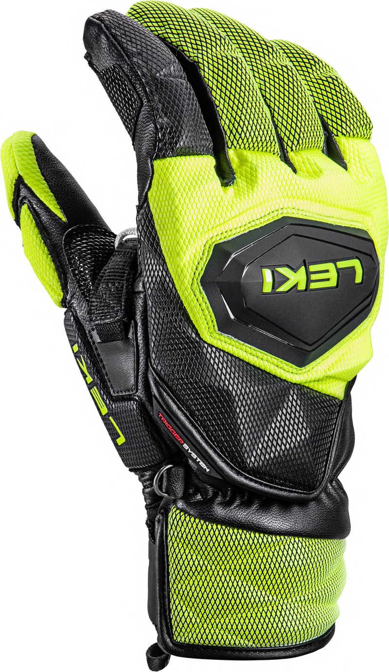 Nahaufnahme des Leki Venom SL 3D Rennhandschuhs in Schwarz und Ice-Lemon mit Logo und Netzstruktur.