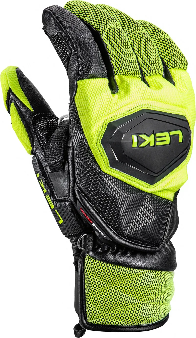 Close-up of the Leki Venom SL 3D racing glove in black and ice-lemon with logo and mesh structure.