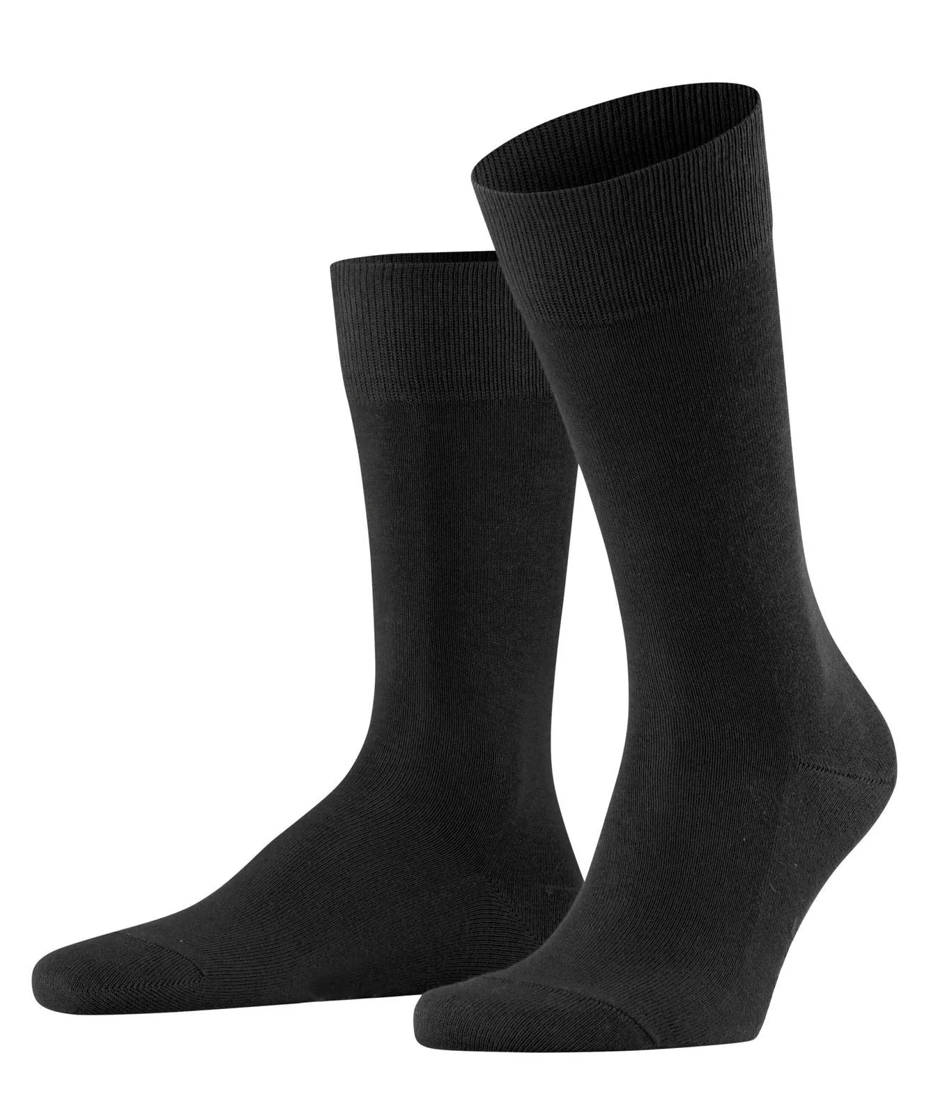Two black FALKE Family socks, one slightly slanted towards the front, on a white background.