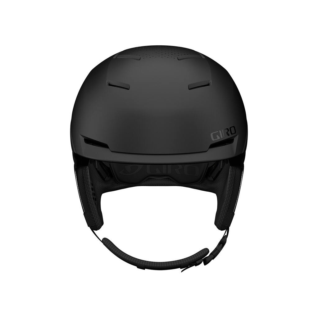 Vue frontale du casque de ski noir mat Giro Tenet MIPS avec coussinets d'oreille et jugulaire.