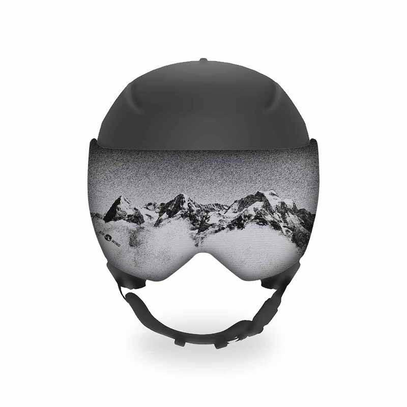 Helm mit Visier, das mit Bergpanorama-Motiv bedruckt ist. Airwing Pano Visorsoc schützt das Visier.