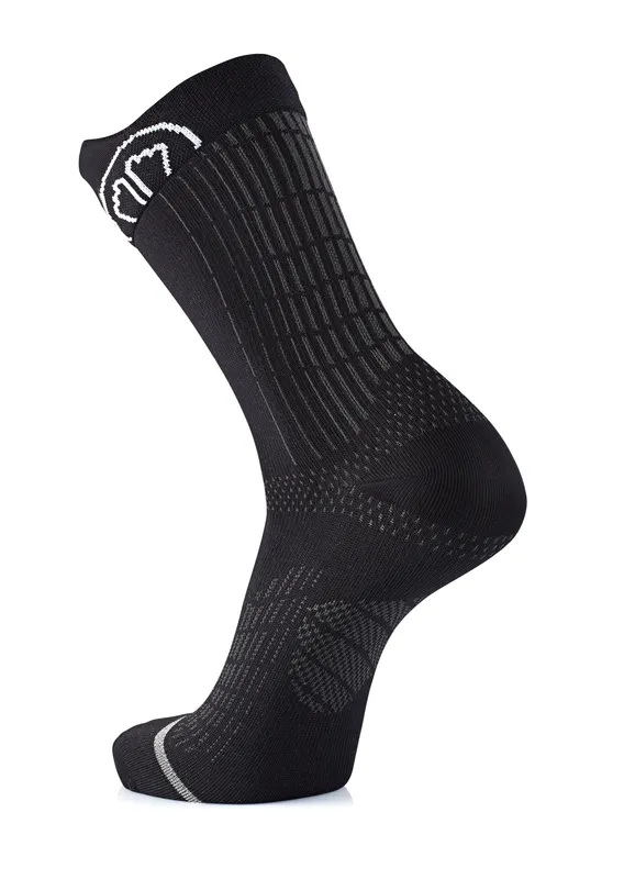 Black long sock with gray stripes and a white logo at the top, from the side on a white background.
