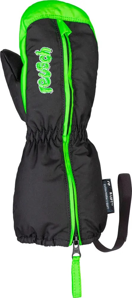 Reusch Tom Kinder-Skihandschuhe Schwarzer Reusch Tom Mitten Kinder-Skihandschuh mit neon-grünen Akzenten und Reißverschluss.