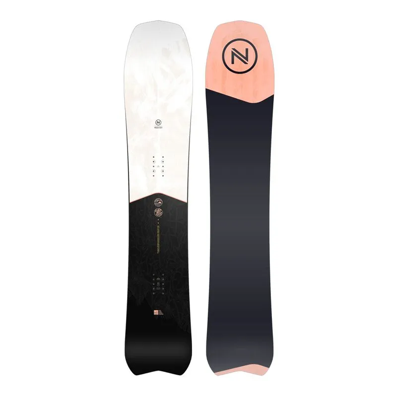 Draufsicht des Nidecker Odyssey Women Snowboards mit weißem Ober- und schwarzem Unterteil, sowie Seitenansicht.