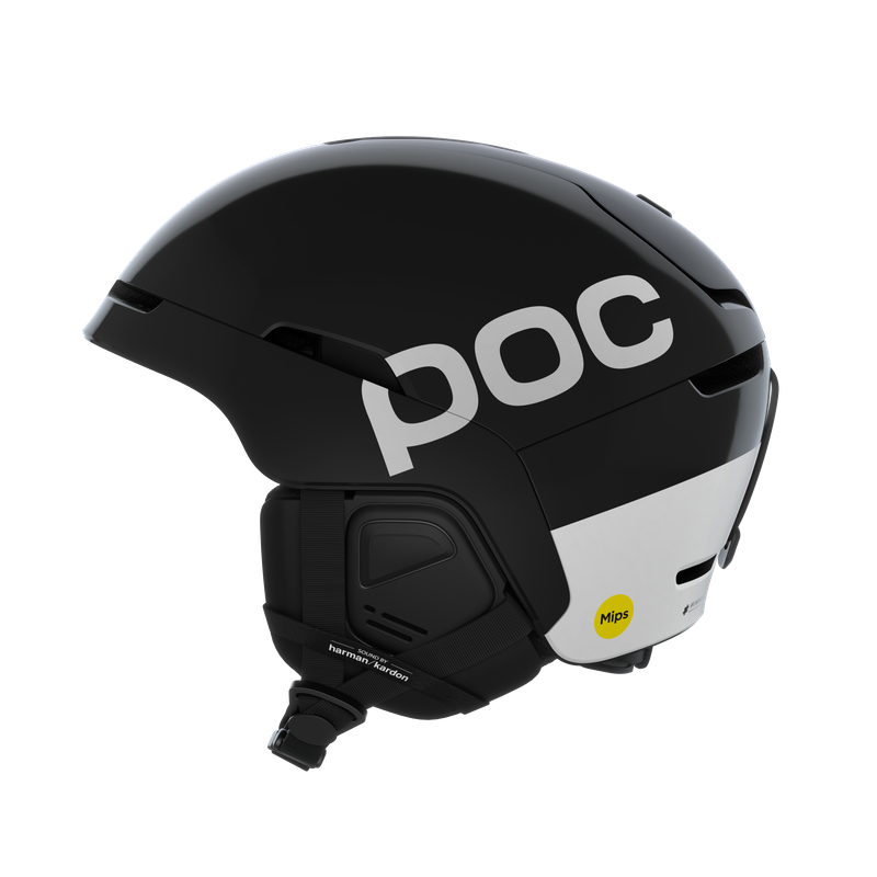Schwarzer Skihelm mit Sound Schwarzer Obex Connect Skihelm mit weißem POC Logo und Harman Kardon Sound System seitlich, Mips Aufkleber.