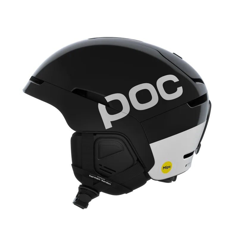Casque de ski noir Obex Connect avec logo POC blanc et Harman Kardon Sound System sur le côté, autocollant Mips.