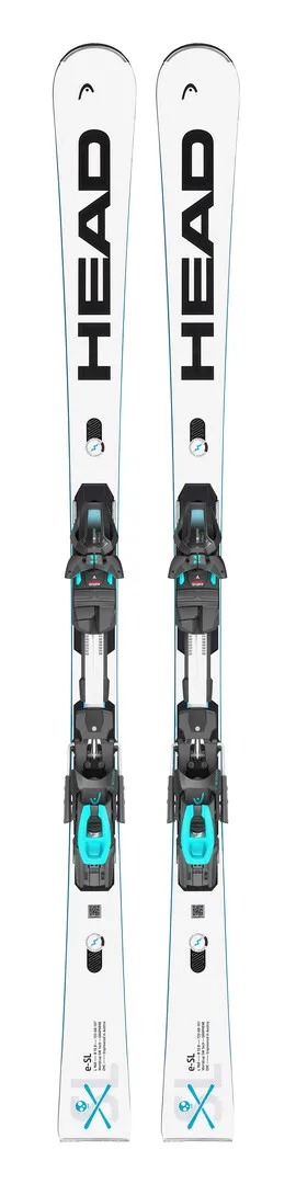 Deux Head Worldcup Rebels e-SL Ski, blanc avec fixations noires, debout.