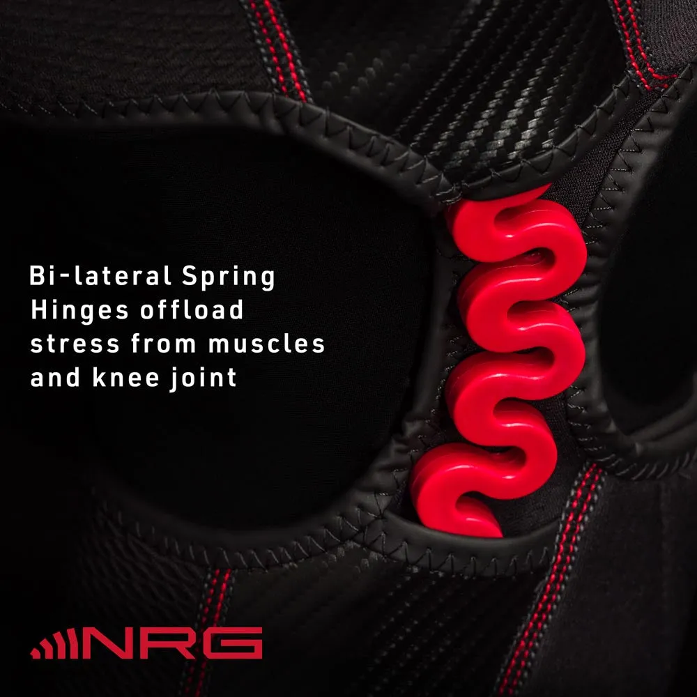 Detailed view of the MCDavid NRG Knee Over Wrap 30590, with red spring hinge on black knee support.