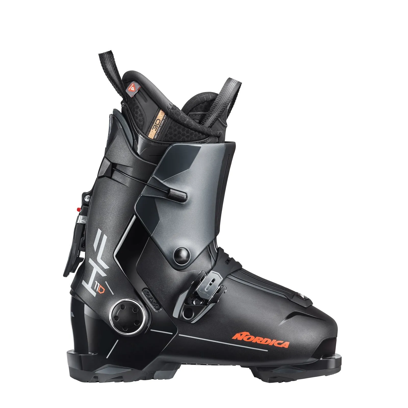 Scarpone da sci Nordica HF 110 GW nero, vista laterale. Dettagli: fibbia, scarpetta interna, stampa "HF 110".