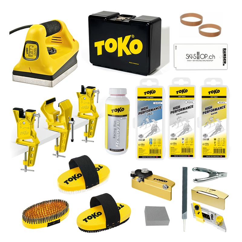 Toko Race Set Gelbes Toko Race Ultimate Set mit Wachsgerät, Skihalter, Brsten, Wachs, Werkzeug und Zubehör für die Ski-Präparierung.