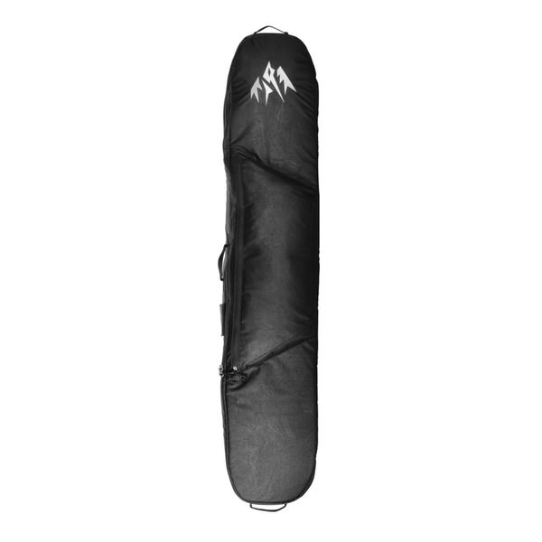 Schwarze Snowboardtasche, vertikal, mit weißem Logo oben. Reißverschluss und Tragegriffe sichtbar.