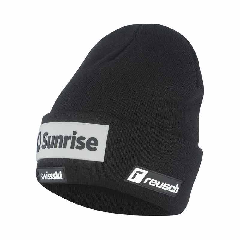 Bonnet noir Reusch Swiss-Ski Street Beanie avec les logos "Sunrise", "SwissSki" et "Reusch" sur un fond blanc.