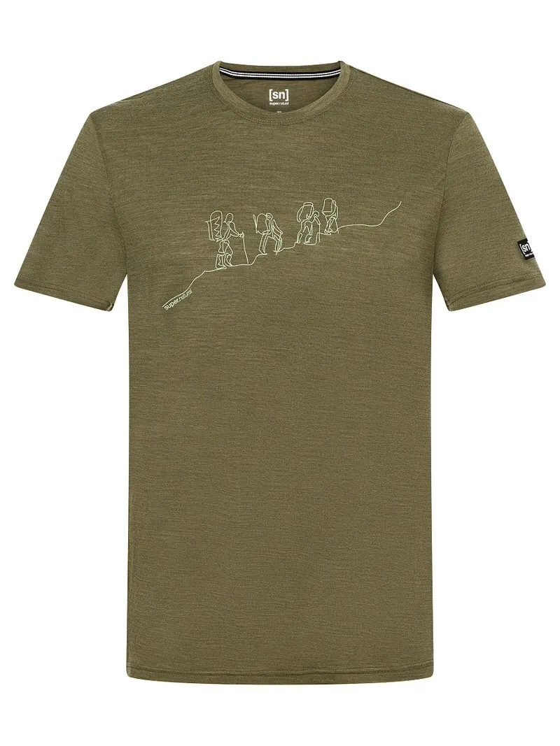 T-shirt da trekking verde oliva con stampa alpinistica.