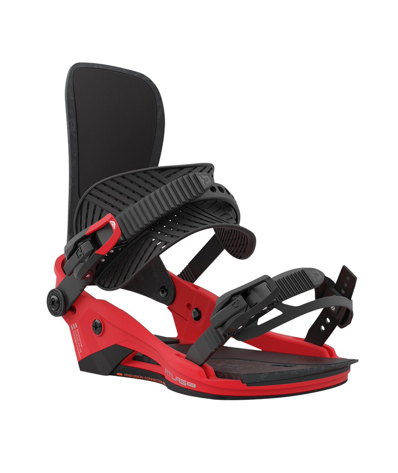 Snowboard binding, Union Atlas FC Race Red, red base, black straps and highback.