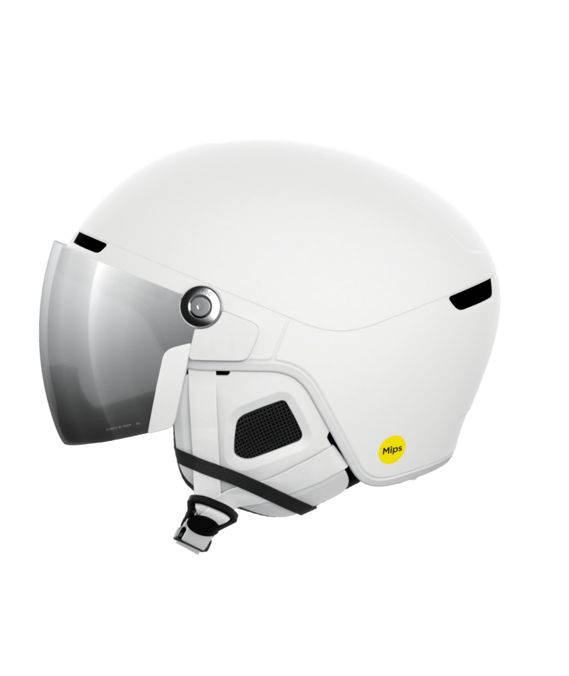 Weißer Skihelm "Obex Visor White Matt" mit integriertem Visor, seitlicher MIPS Aufkleber, Kinnriemen mit Verschluss.