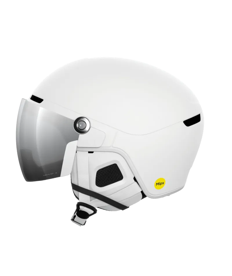 White ski helmet "Obex Visor White Matt" with integrated visor, MIPS sticker on the side, chin strap with fastener.
