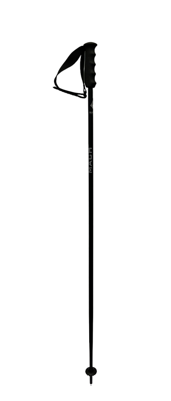 Black Mach ski pole Black Mach WC aluminum ski pole with strap and grip, from the front, on a white background.