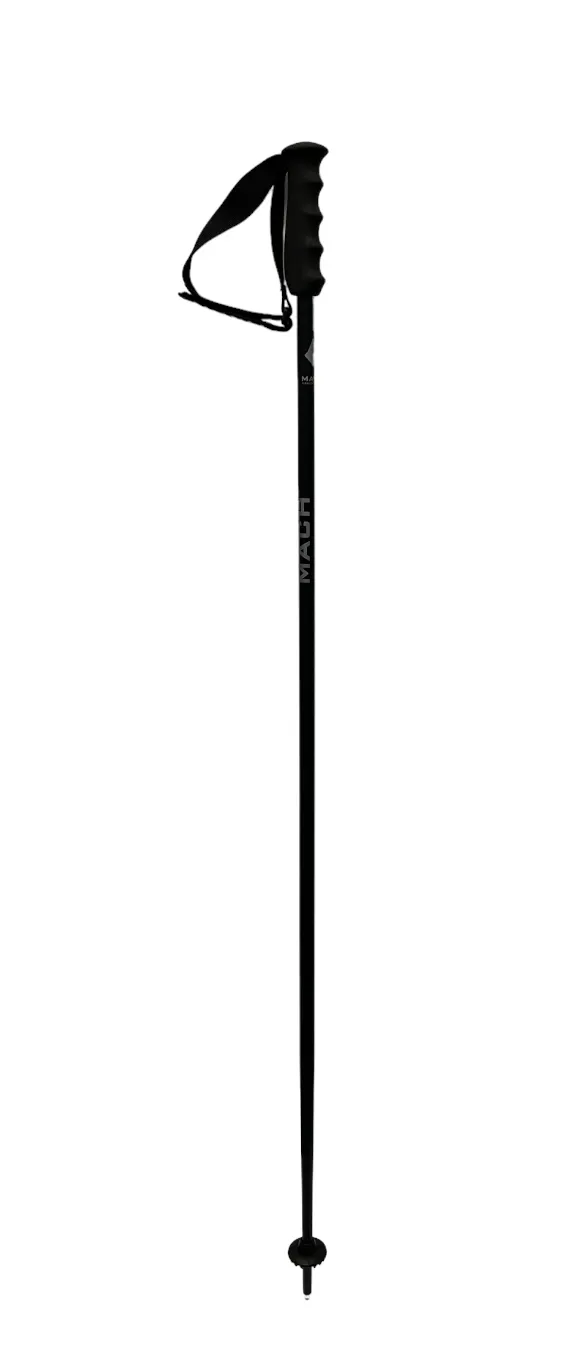 Black Mach WC aluminum ski pole with strap and grip, from the front, on a white background.