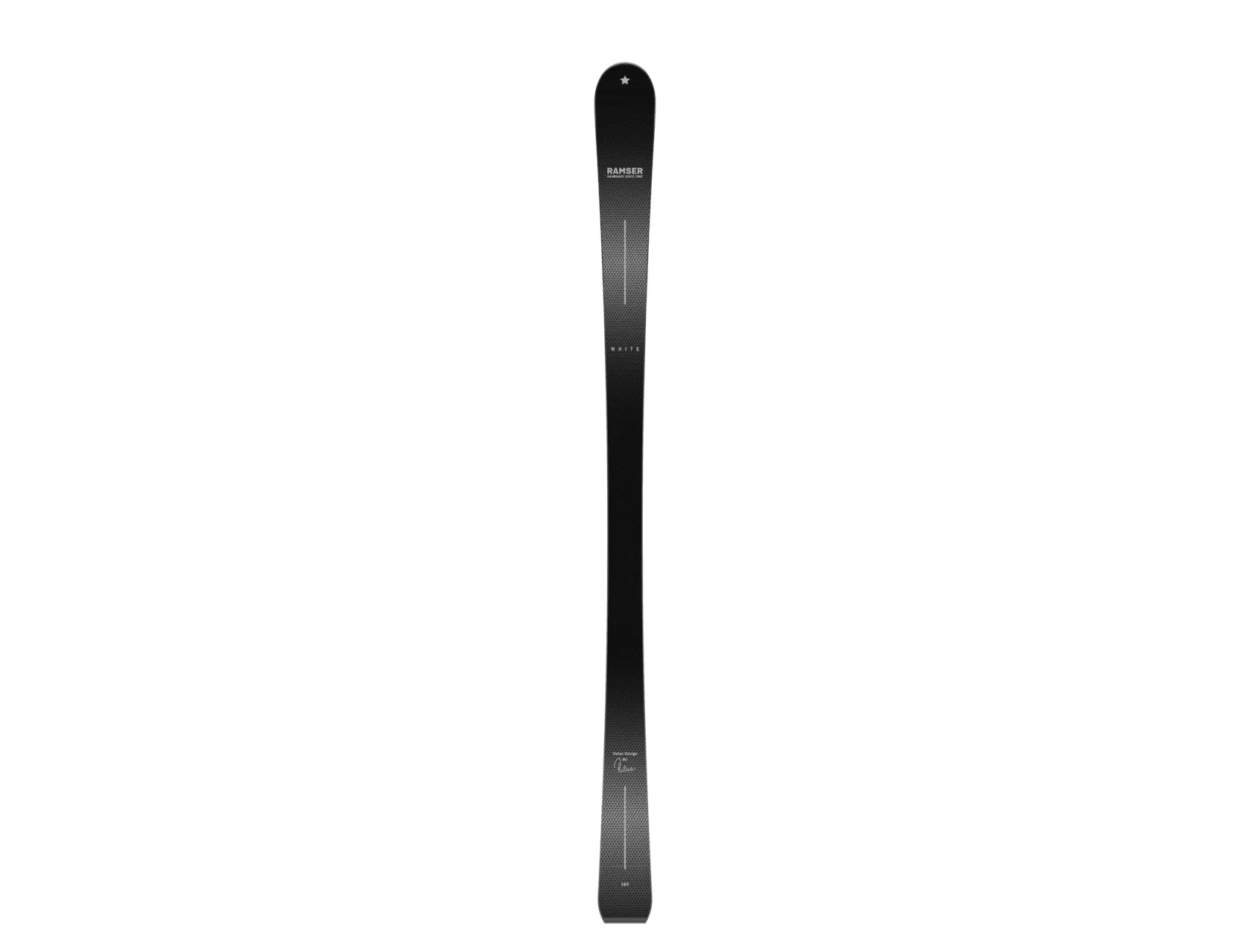 Ein einzelner Ramser Black LTD Ski, vertikal zentriert auf weißem Hintergrund, mit erkennbaren Schriftzügen.