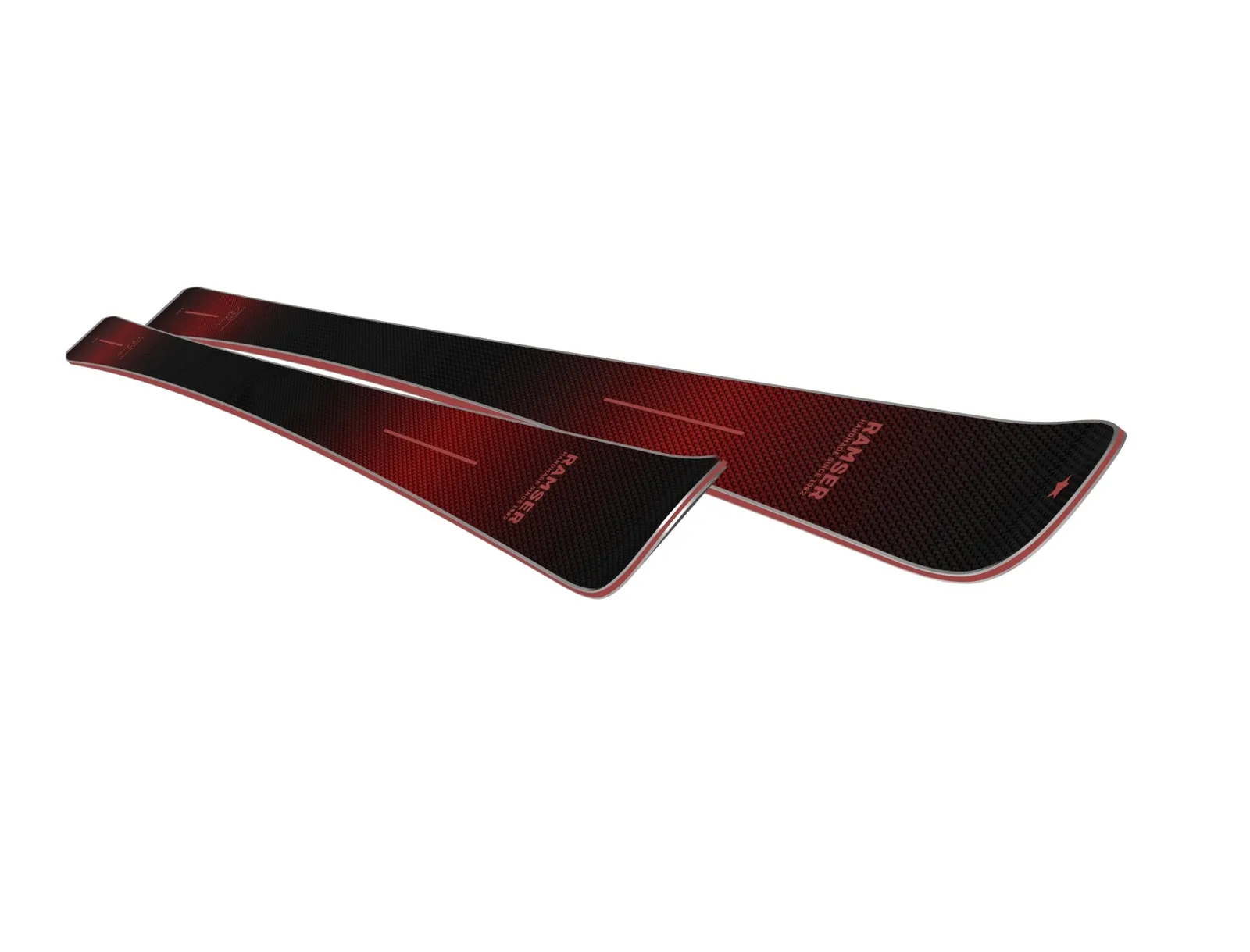 Two red Ramser RED SL LTD skis lie diagonally on top of each other on a white background.