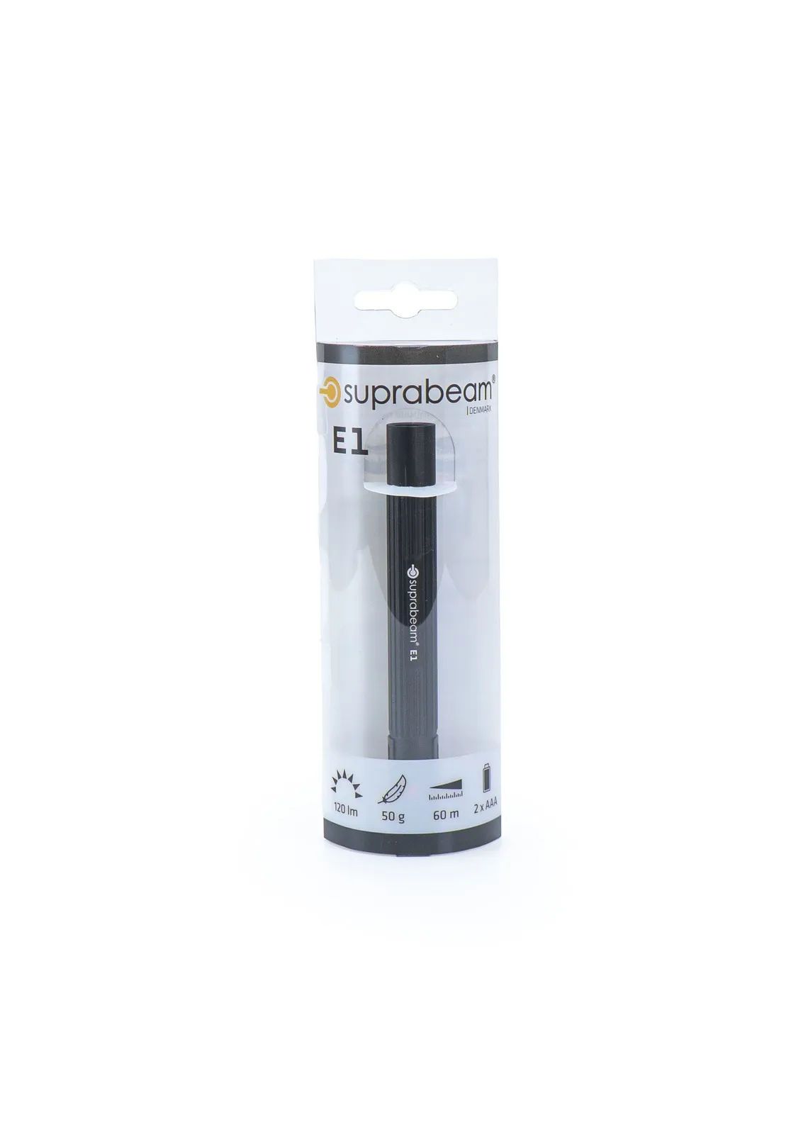 Verpackte, schwarze Stift-Taschenlampe "Suprabeam E1", technische Daten auf der Verpackung sichtbar.