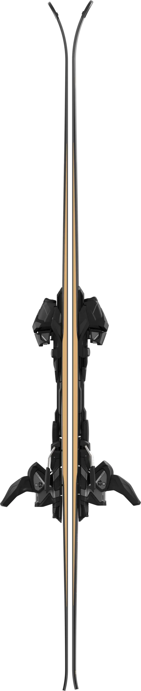 Top view of two skis standing parallel to each other with black bindings fitted. The skis have a beige line in the middle.