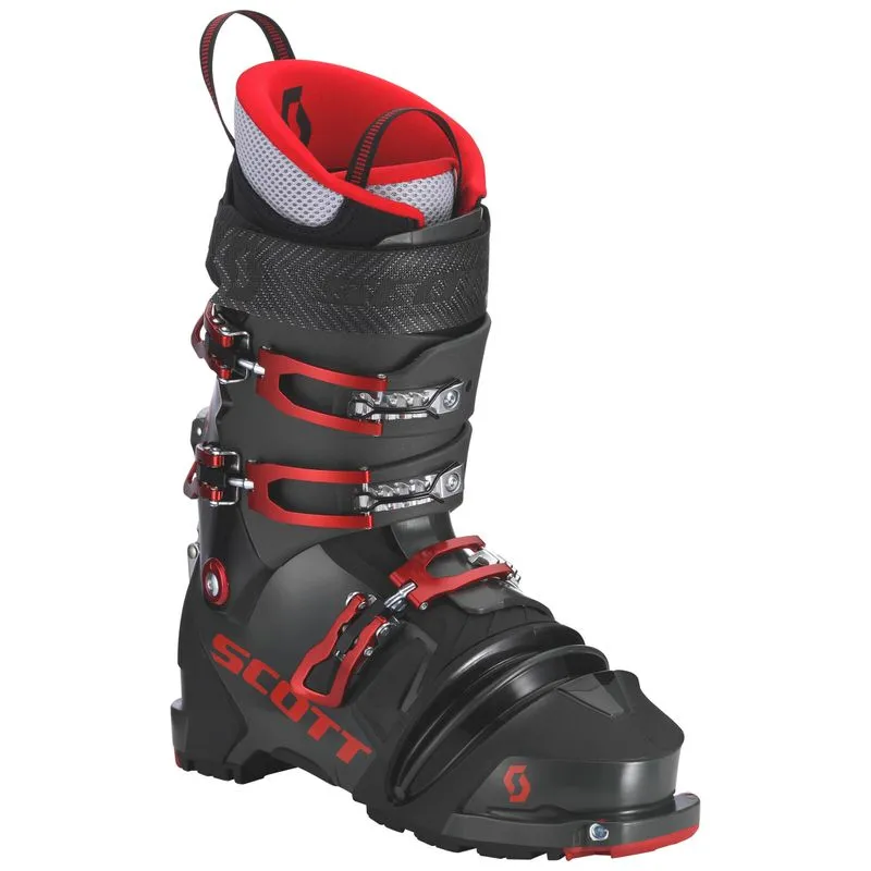 Black Scott Voodoo NTN Telemark ski boot with red details and three micro-adjustable buckles.