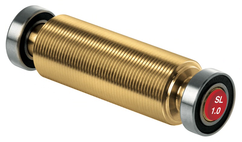 Goldfarbene Toko Structurite Roller Red 1.5 SL mit feiner Rillenstruktur und seitlichen silberfarbenen Lagern. Roter Aufkleber mit "SL 1.0".