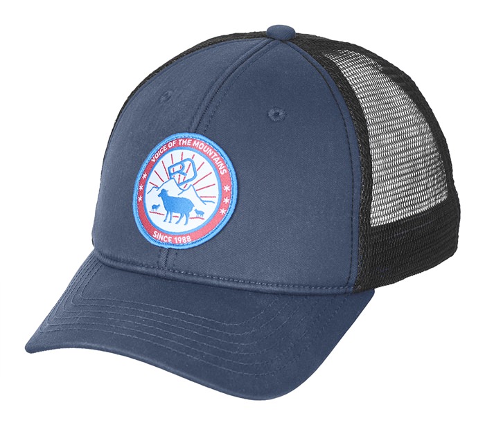 Night Blue Ortovox Trucker Cap with mesh insert and round logo patch with sheep motif.