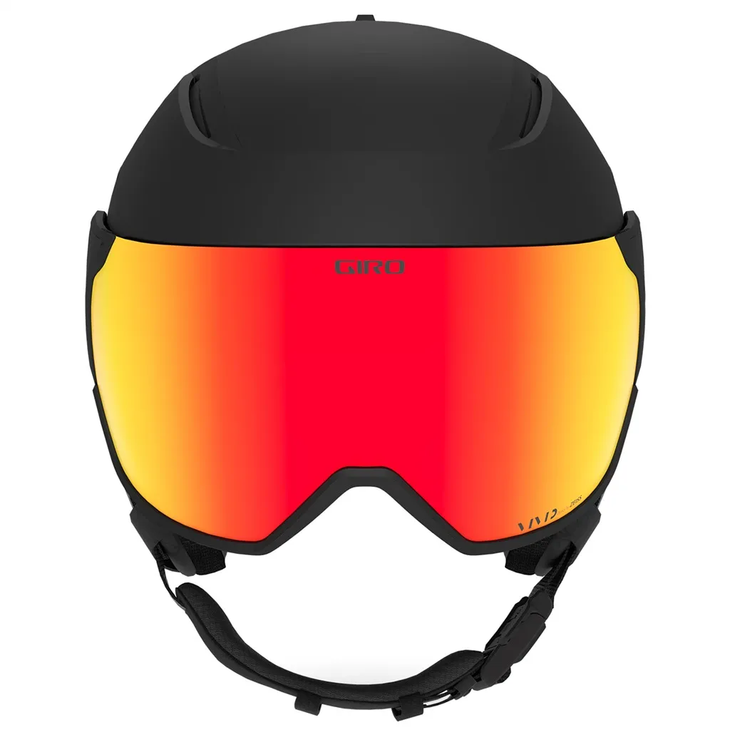 Casco da sci Black Orbit Mips Spherical Vivid con visiera, vista frontale. La visiera è specchiata in rosso-giallo.