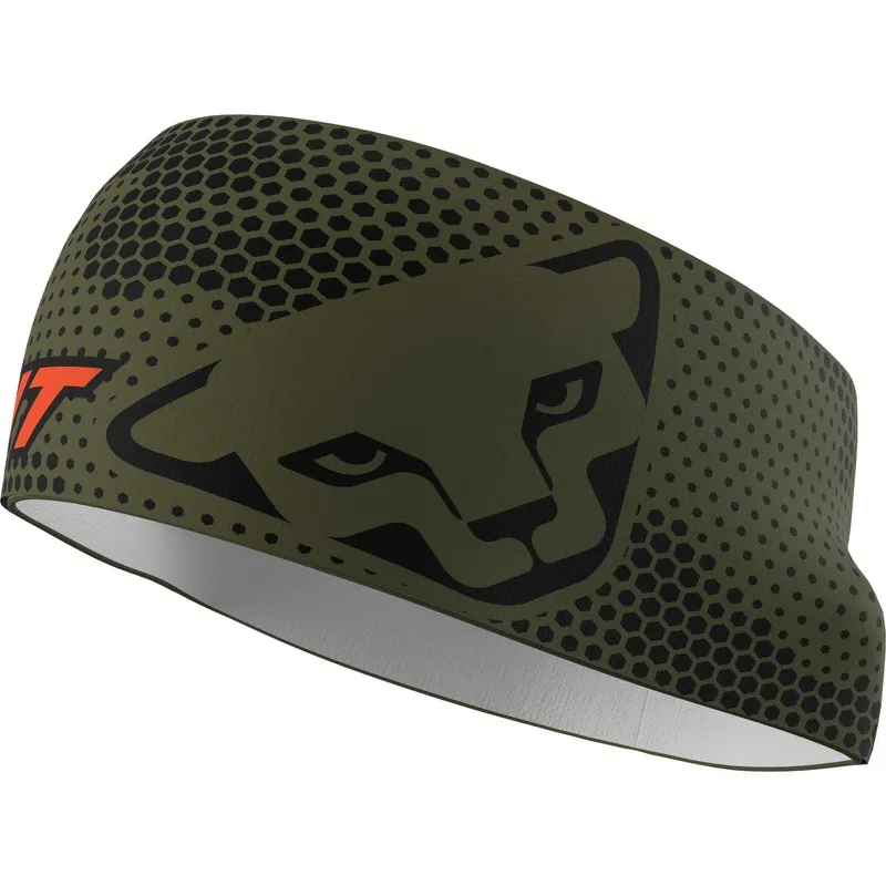 Olive green Dynafit Graphic Performance headband with leopard head and orange logo.
